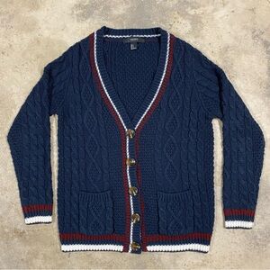 Vintage VTG Forever 21 Academia Blue/Red/White Cardigan with Brown Buttons S